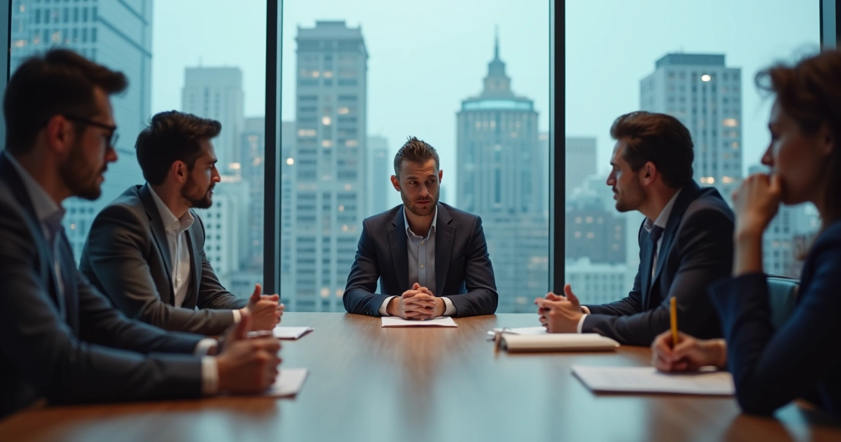 Líder dando feedback negativo em sala com equipe tensa 