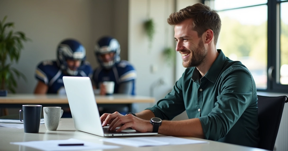 Gestor escolar satisfeito analisando lembretes de pagamento automáticos no notebook