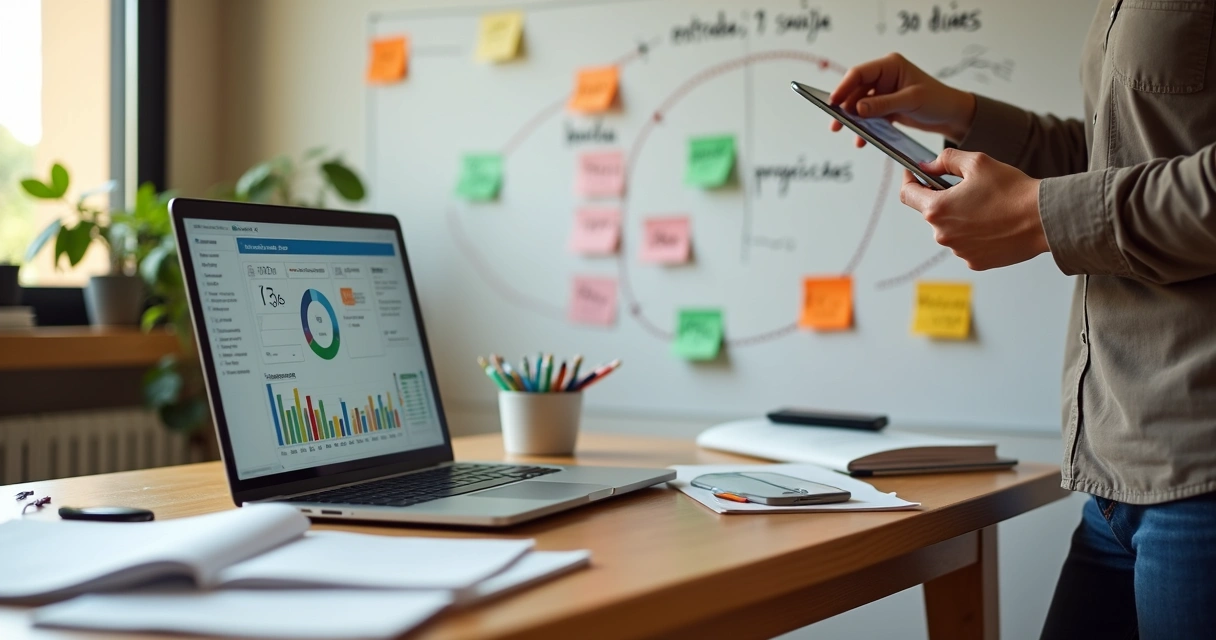 Gestor financeiro organiza fluxo de caixa com mural e gráficos coloridos 