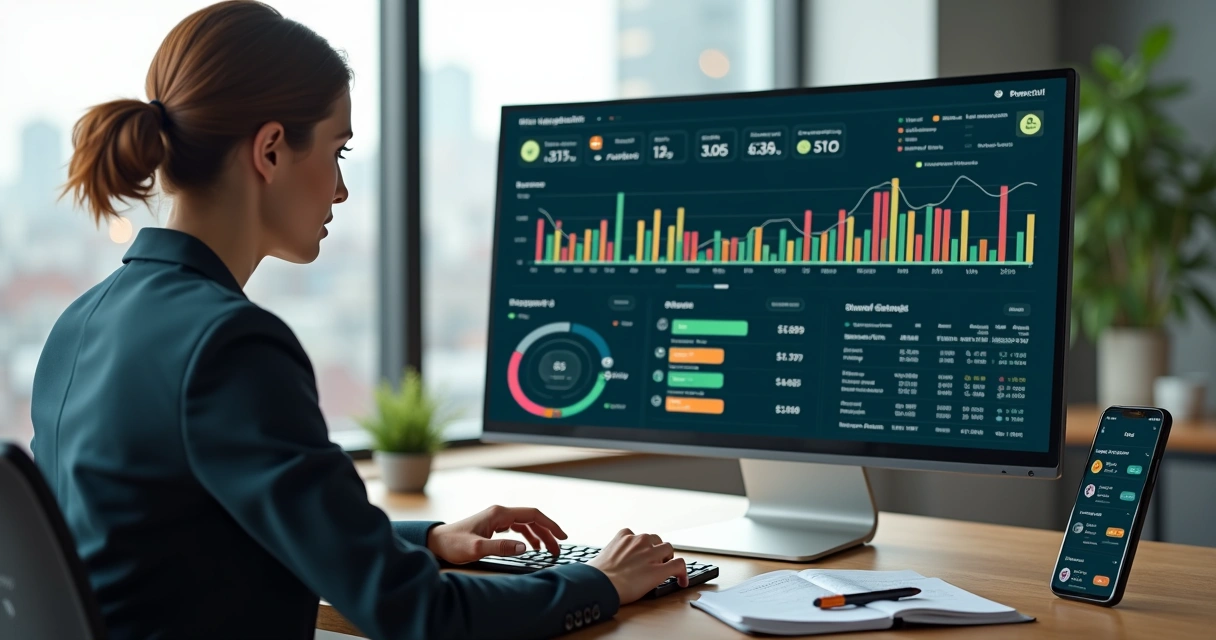 Profissional analisando receitas digitais e obrigações fiscais em tela de computador 
