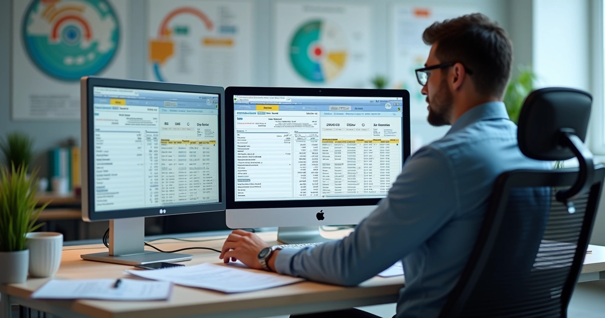 Gestor fiscal analisando cálculos tributários em vários monitores 
