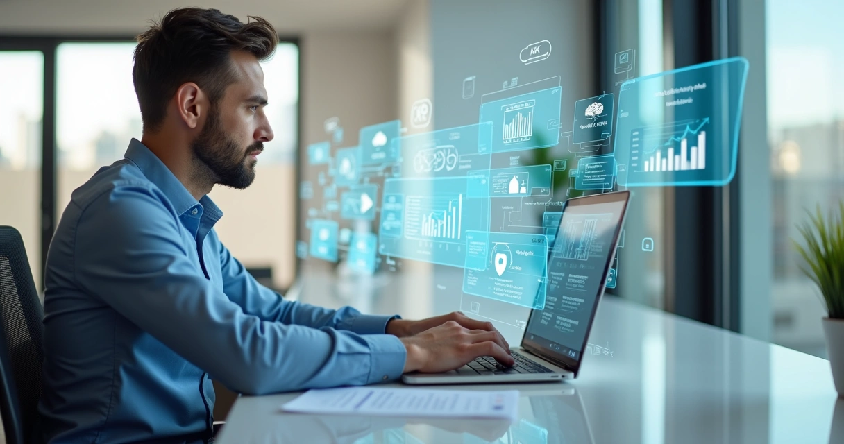 Gestor fiscal trabalhando em laptop com múltiplos gráficos e documentos digitais na tela 