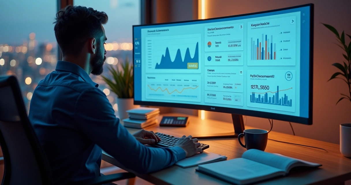 Gestor observando painel de vendas e notas fiscais integradas em tela ampla 