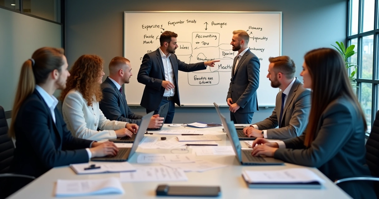 Equipe tributária analisando documentos em reunião 