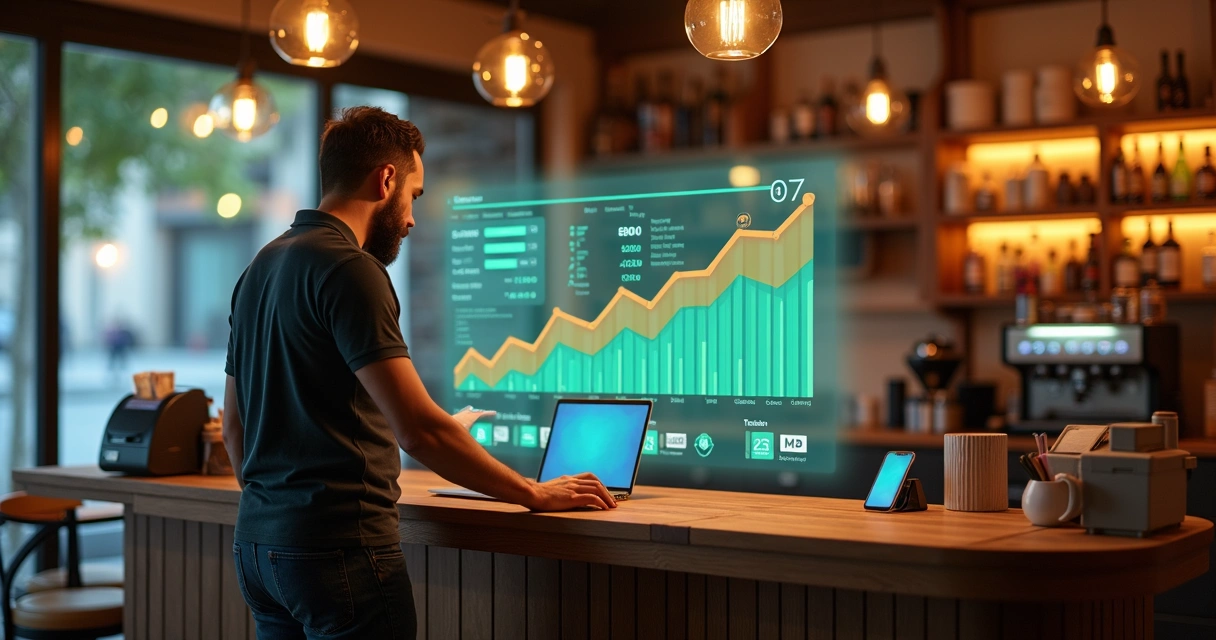 Gestor de bar analisando fluxo de caixa digital em tela holográfica 