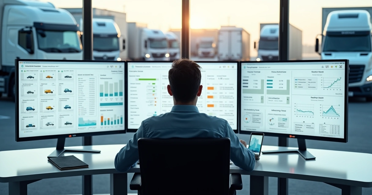 Gestor de frotas analisando painel digital de veículos e indicadores 