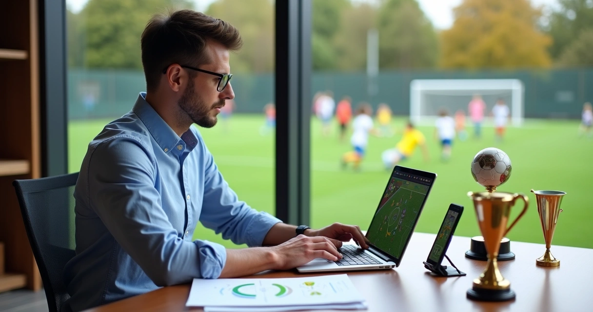 Gestor de escola de futebol usando notebook e celular para administração 