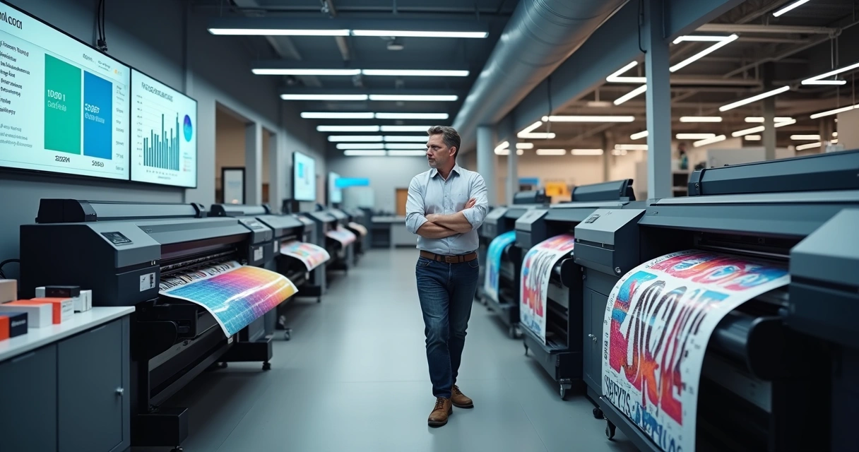 Gestor de gráfica rápida analisando fila de produção em máquinas de impressão digital 