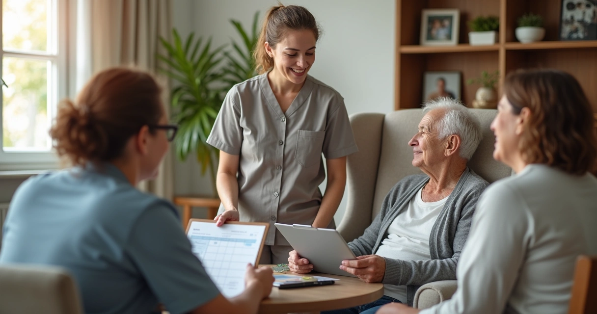 Gestor de homecare apresentando plano para família ao lado de cuidadora com idosa na sala de estar 