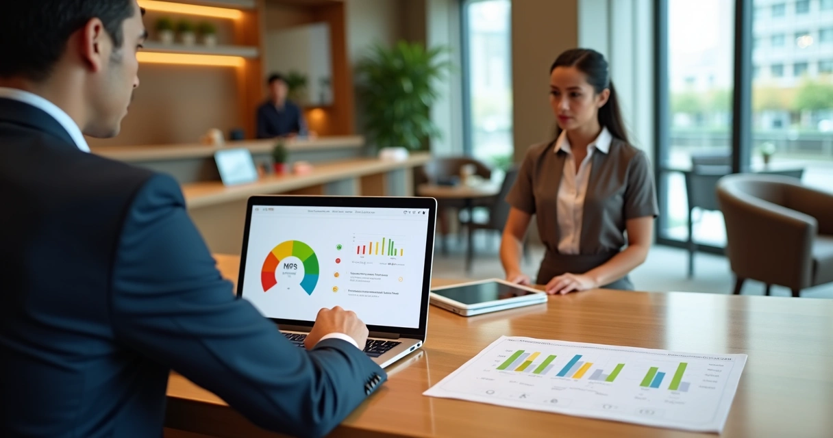 Gestor de hotel analisando gráficos de NPS e pesquisa de satisfação na recepção 