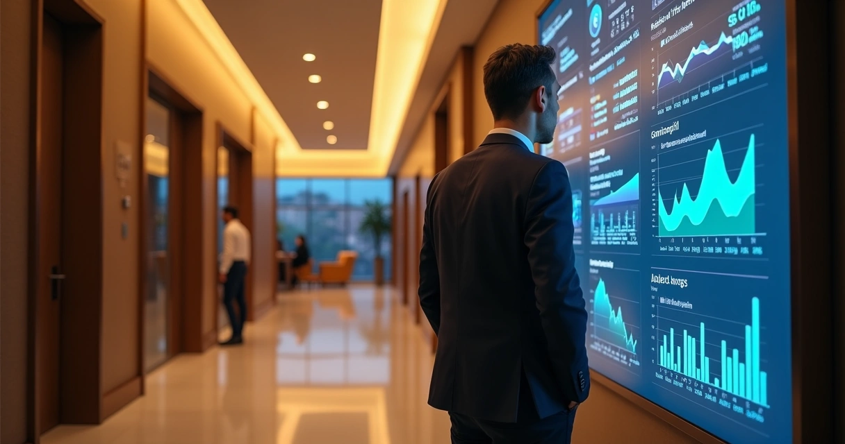 Gestor de hotel analisando métricas de RevPAR em dashboard digital no corredor com vista para quartos 