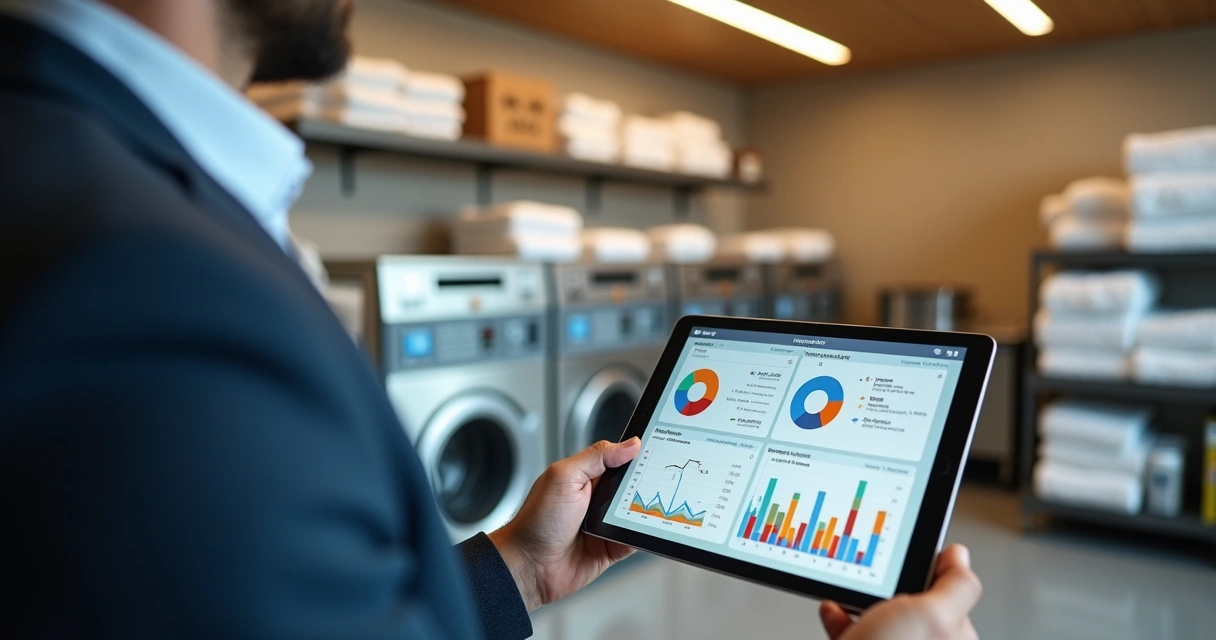 Gestor de hotel analisando painel de controle de custos operacionais em tablet 