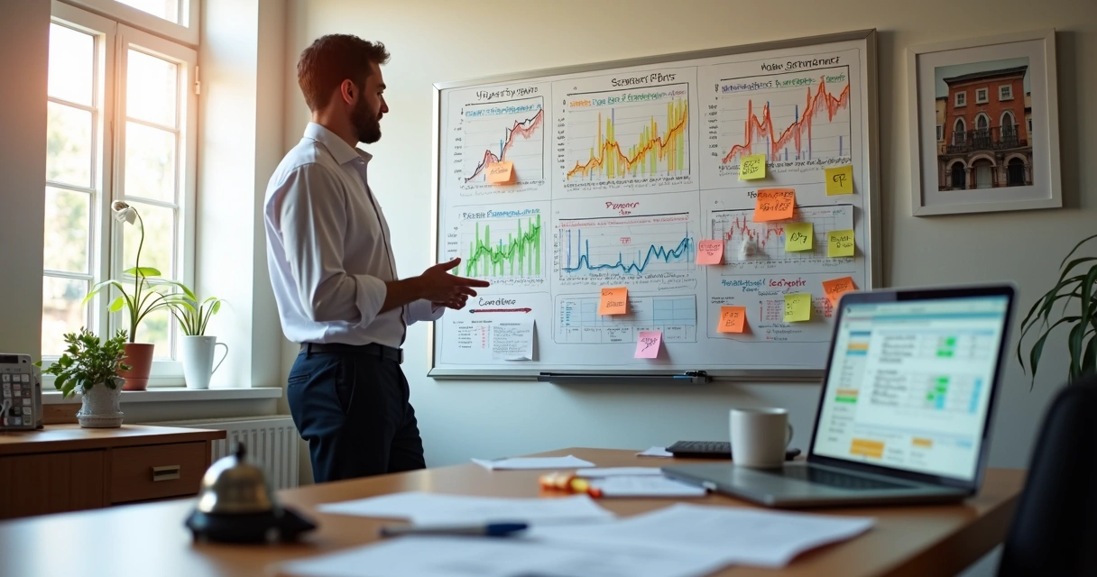 Gestor de hotel ajustando gráficos coloridos de tarifas em grande quadro branco 