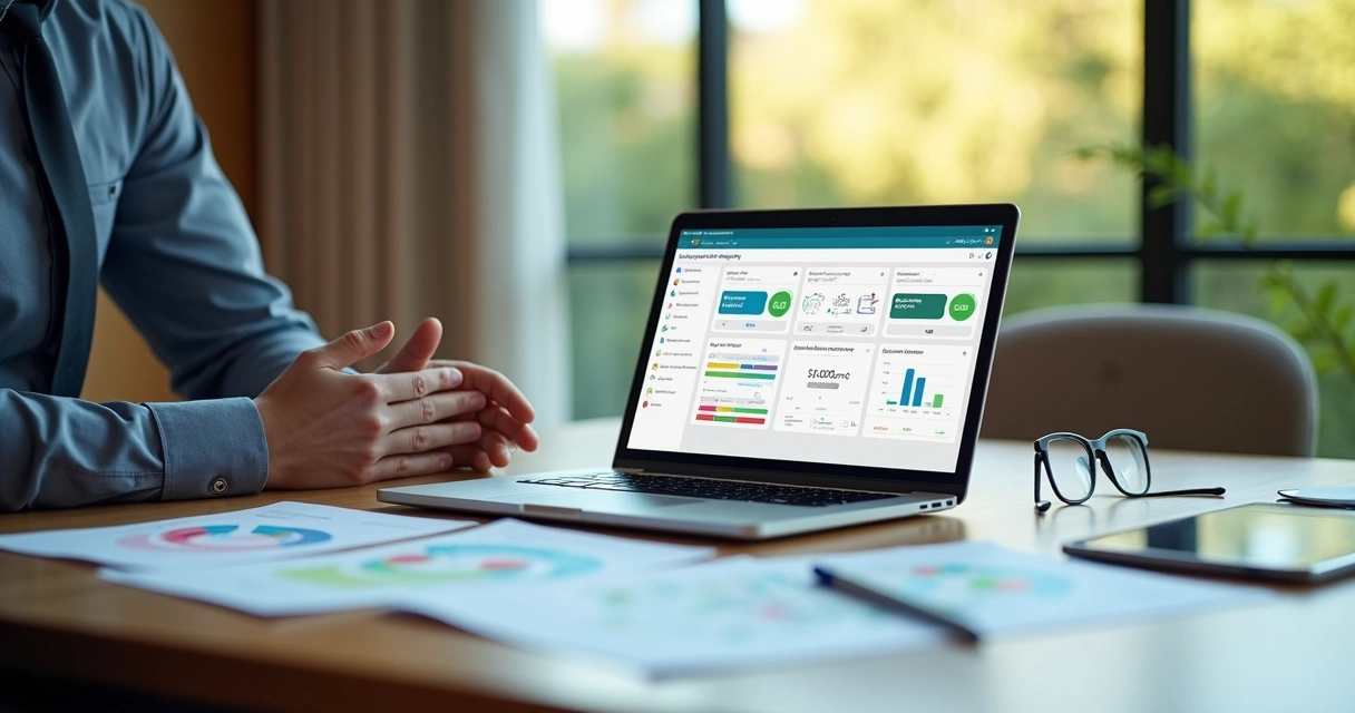 Gestor de hotel analisando dashboards de sistema hoteleiro em notebook 