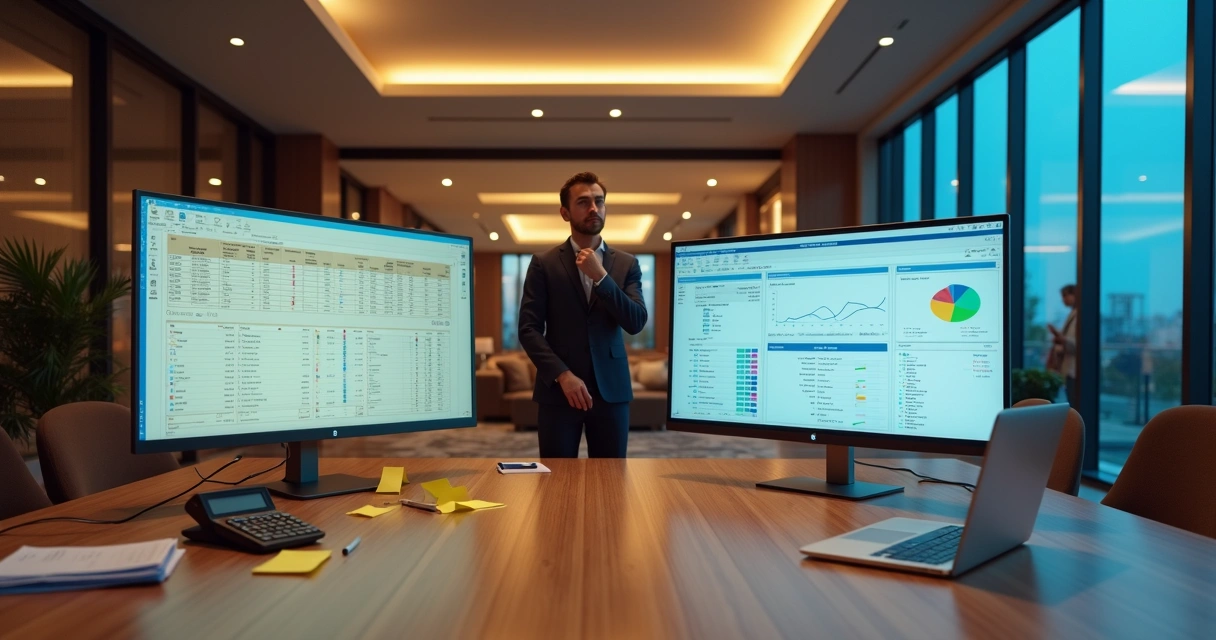 Gestor de hotel avaliando software antigo e novo em telas lado a lado 