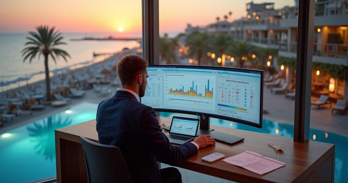 Gestor de hotel ajustando tarifas em painel digital com vista para estava cheia 