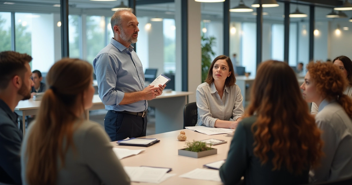Gestor de RH explicando normas do trabalho em feriados para equipe do comércio. 