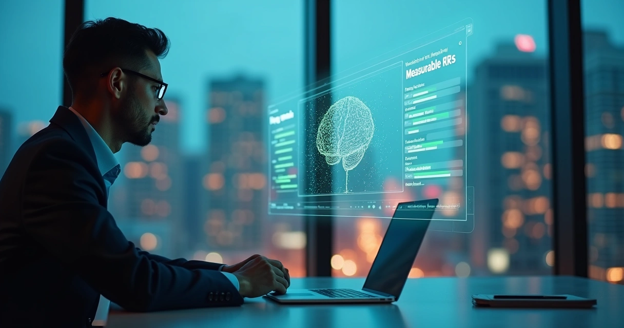 Gestor observando tela transparente com inteligência artificial organizando resultados-chave mensuráveis 
