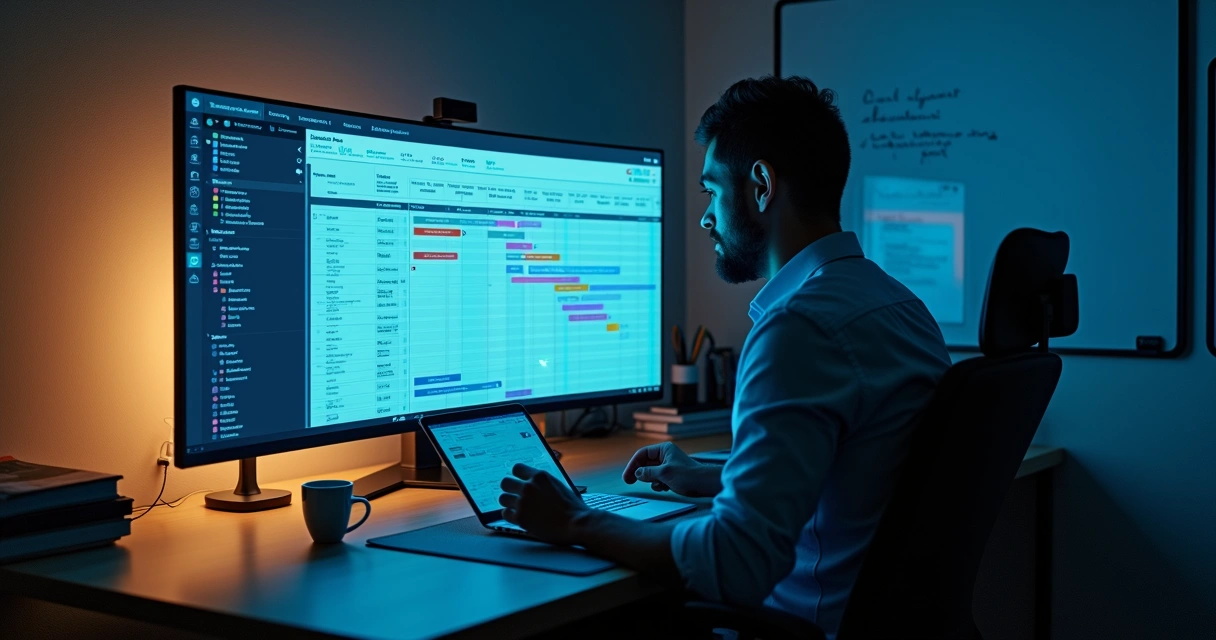 Gestor de PME usando painel digital com ia para organizar projeto 