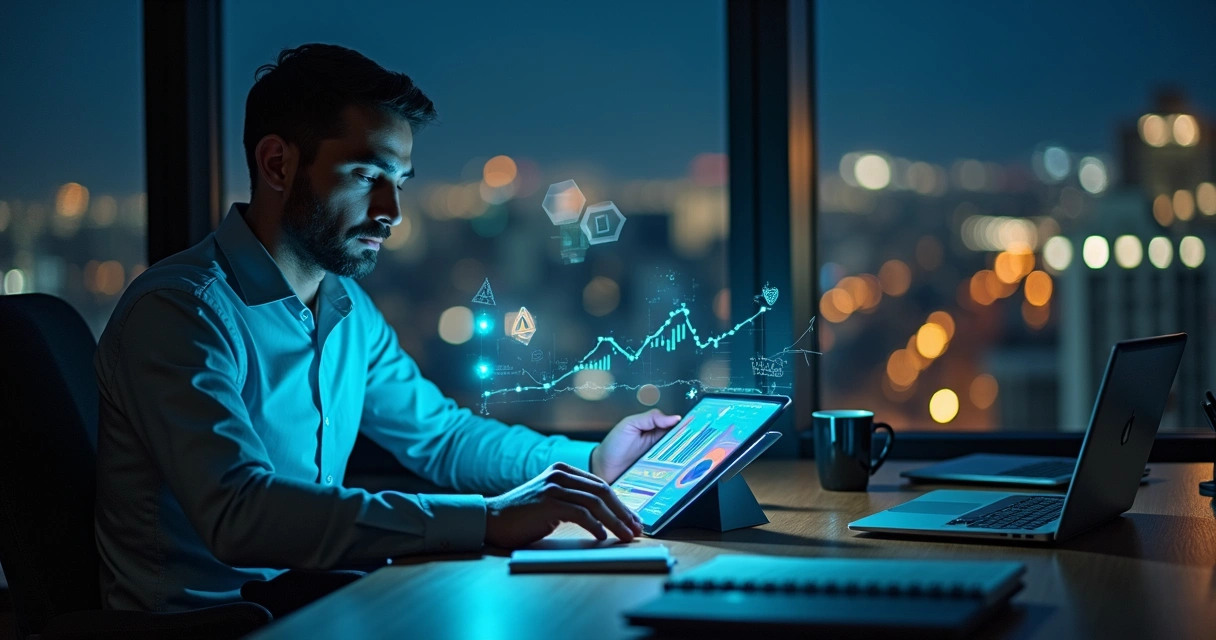 Gestor analisando relatorio automatizado em tablet com elementos visuais de IA ao redor 