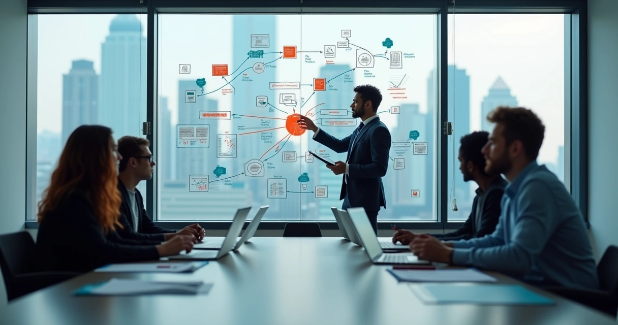 Gestor analisando fluxo de processos em quadro com gargalos destacados 