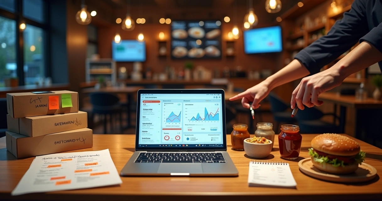 Gestor de iFood planejando cardápio de delivery em ambiente moderno 
