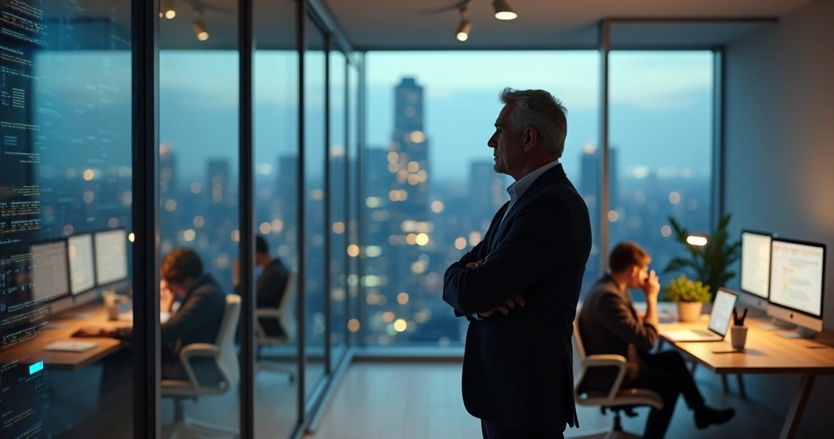 Gestor em varanda envidraçada sem notar equipe abatida no fundo do escritório 