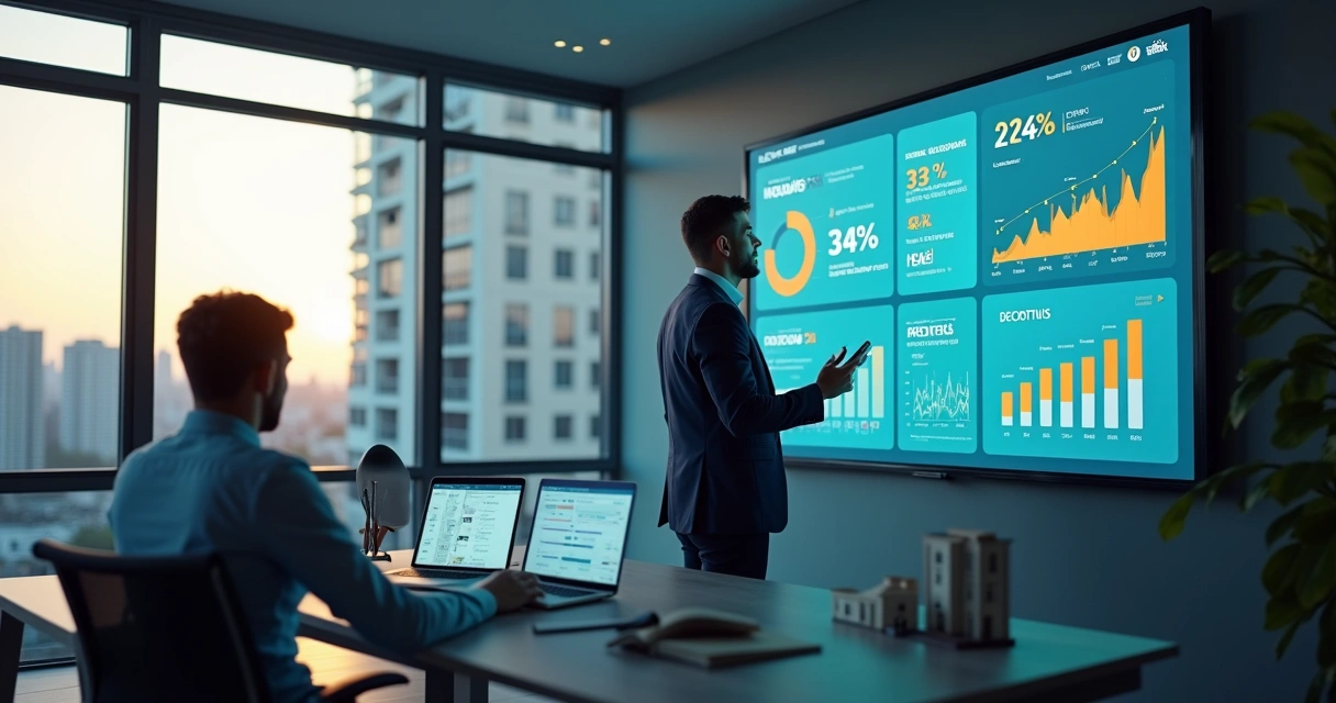 Gestor de imobiliária analisando painel de métricas de follow-up em tela grande 