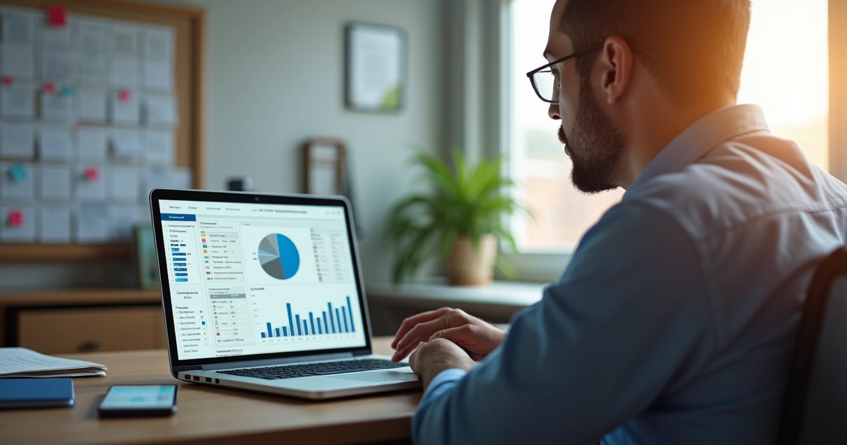 Gestor imobiliário analisando gráficos e contratos na frente de notebook 