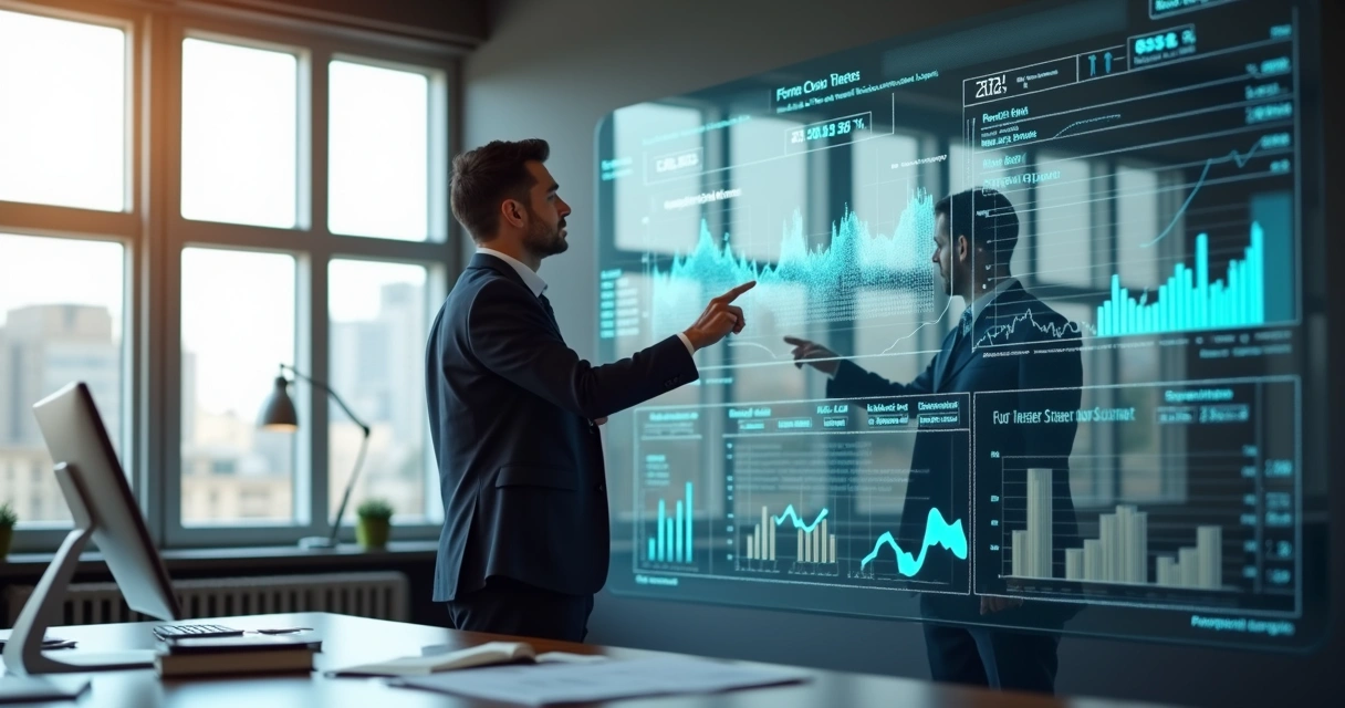 Gestor imobiliário analisando painel digital com métricas 