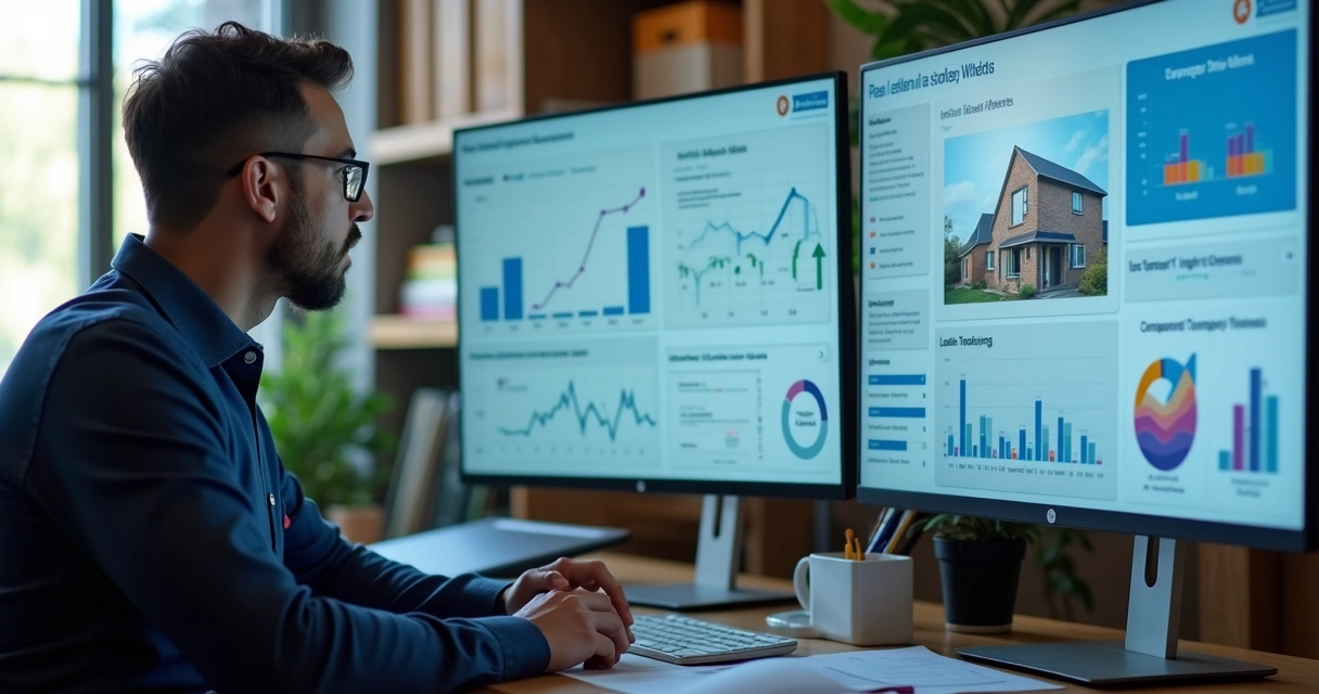 Gestor de imobiliária analisando dados em tela 
