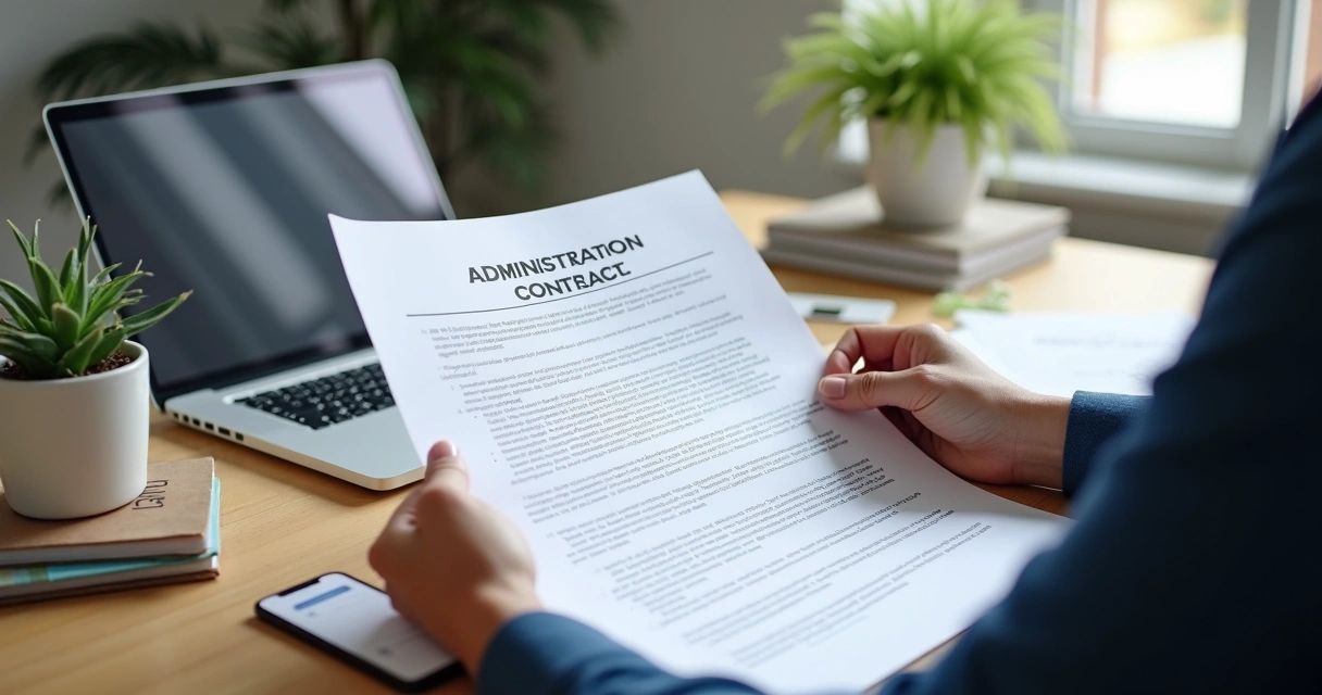 Gestor imobiliário analisando contrato de locação e vistoria em escritório 