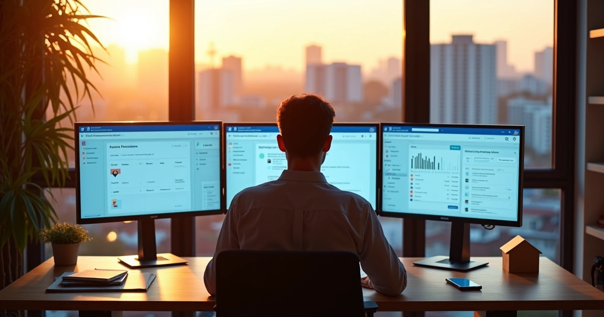 Gestor imobiliário em home office usando múltiplas telas para organizar aluguéis 