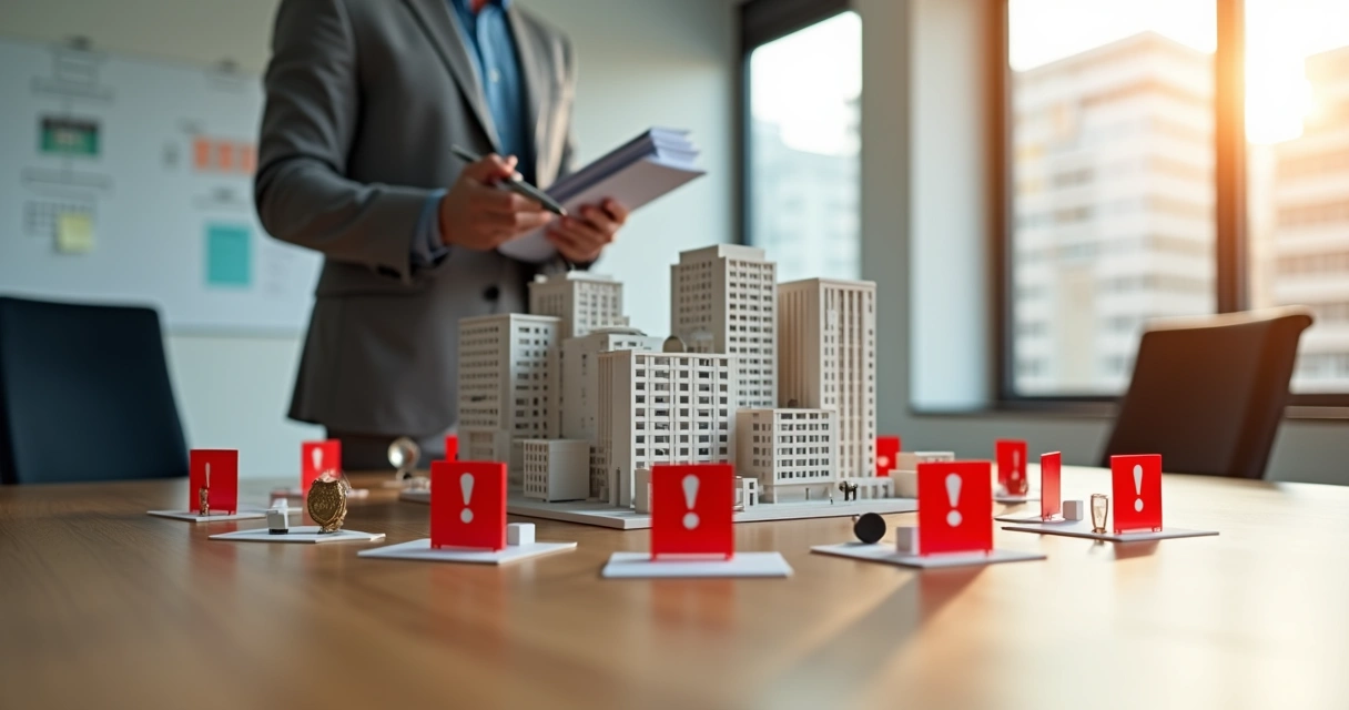 Gestor imobiliário observa maquete de prédio comercial com sinalizações de risco jurídicos 