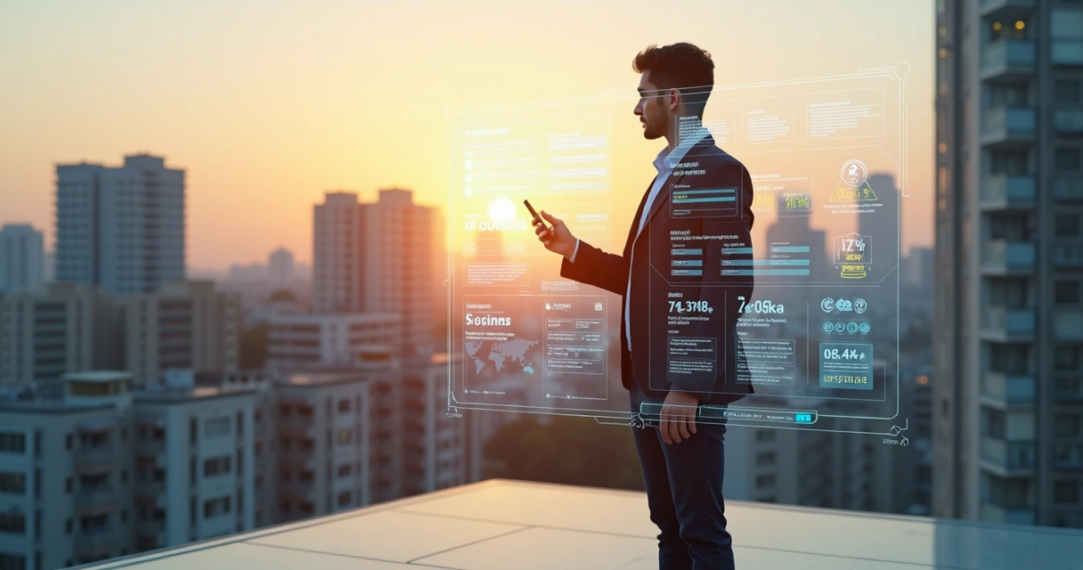 Profissional imobiliário interagindo com painel holográfico sobre prédios da cidade 
