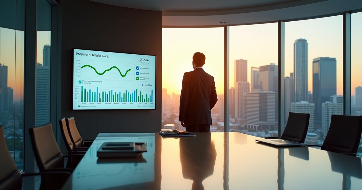 Gestor imobiliário analisando painel com queda da inadimplência 