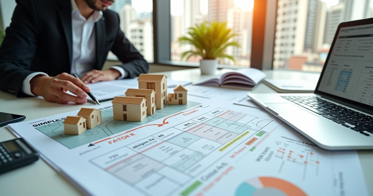Gestor imobiliário analisa impostos do Simples Nacional ao lado de maquete de prédios 