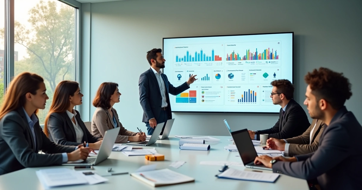 Gestor em reunião analisando impacto social com equipe diversa 