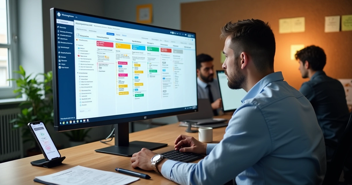 Gestor de pequena empresa ajustando painel de CRM em tela grande de computador 