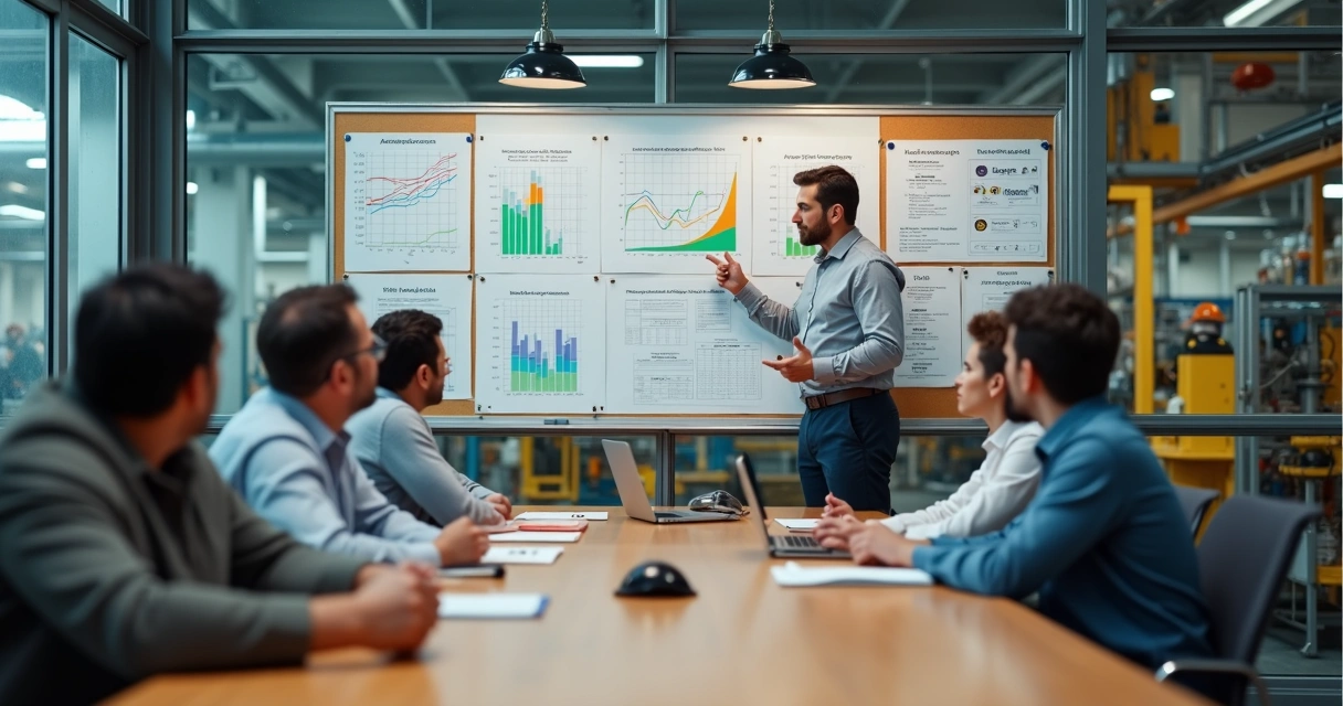 Gestor industrial brasileiro reunido com equipe em frente a painel com indicadores de pessoas 