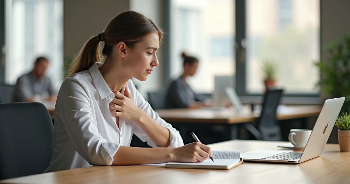 Gestor iniciante sentado em escritório moderno refletindo e escrevendo em caderno 