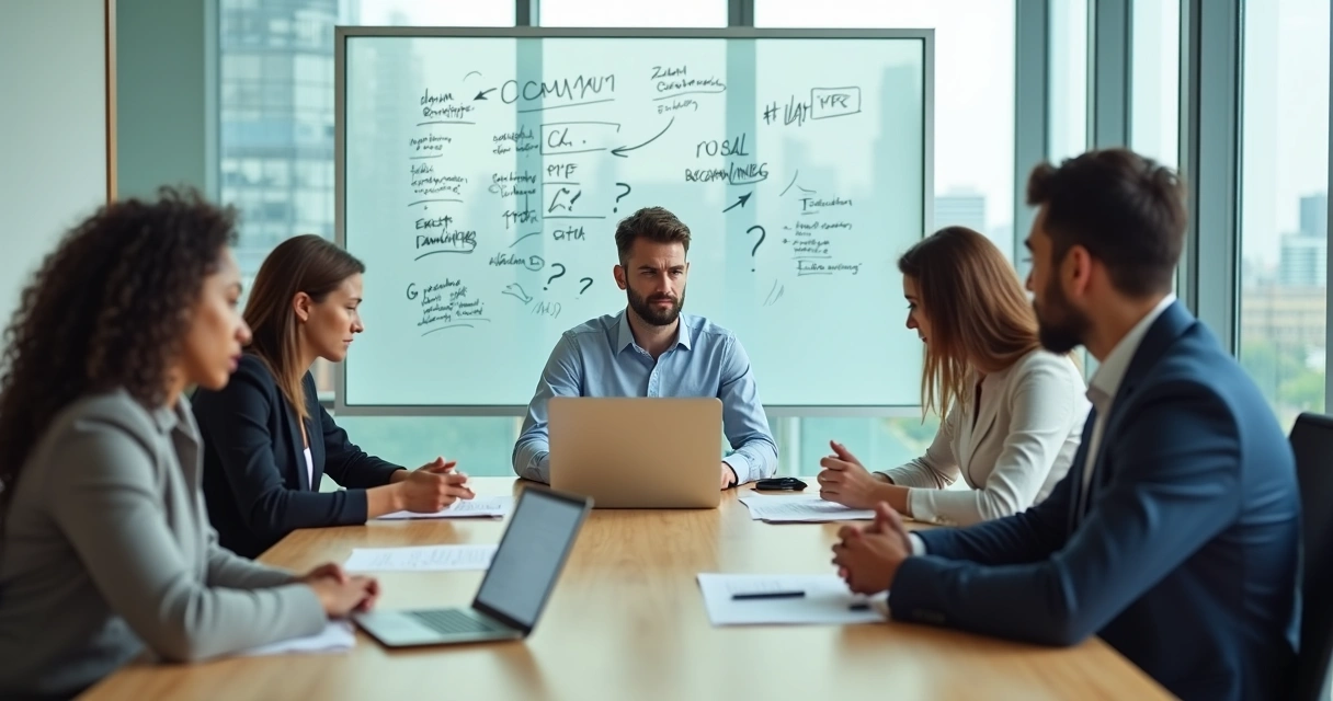 Gestor iniciante em reunião com equipe mostrando dificuldades na comunicação 