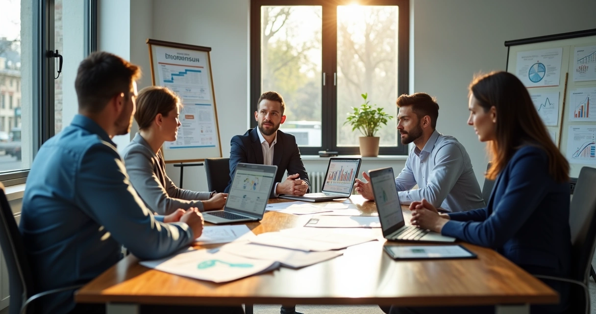 Gestor discutindo integração operacional de transporte corporativo com equipe em escritório moderno 