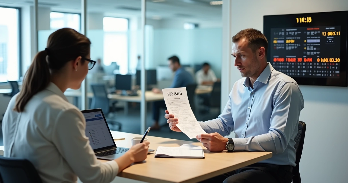 Gestor de RH conversando com funcionário sobre atraso ao lado de relógio de ponto eletrônico 