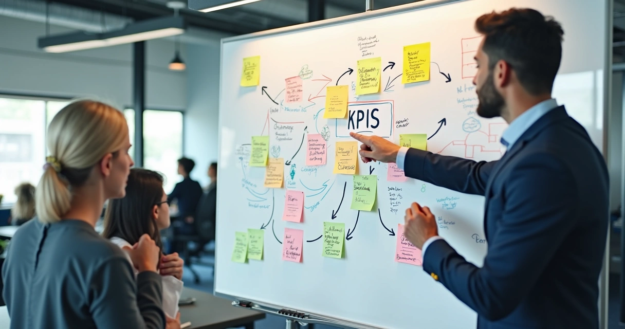 Gestor planejando KPIs em quadro branco com post-its 