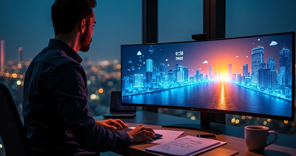 Gestor olhando avenida digital com contagem regressiva de lançamento na tela 