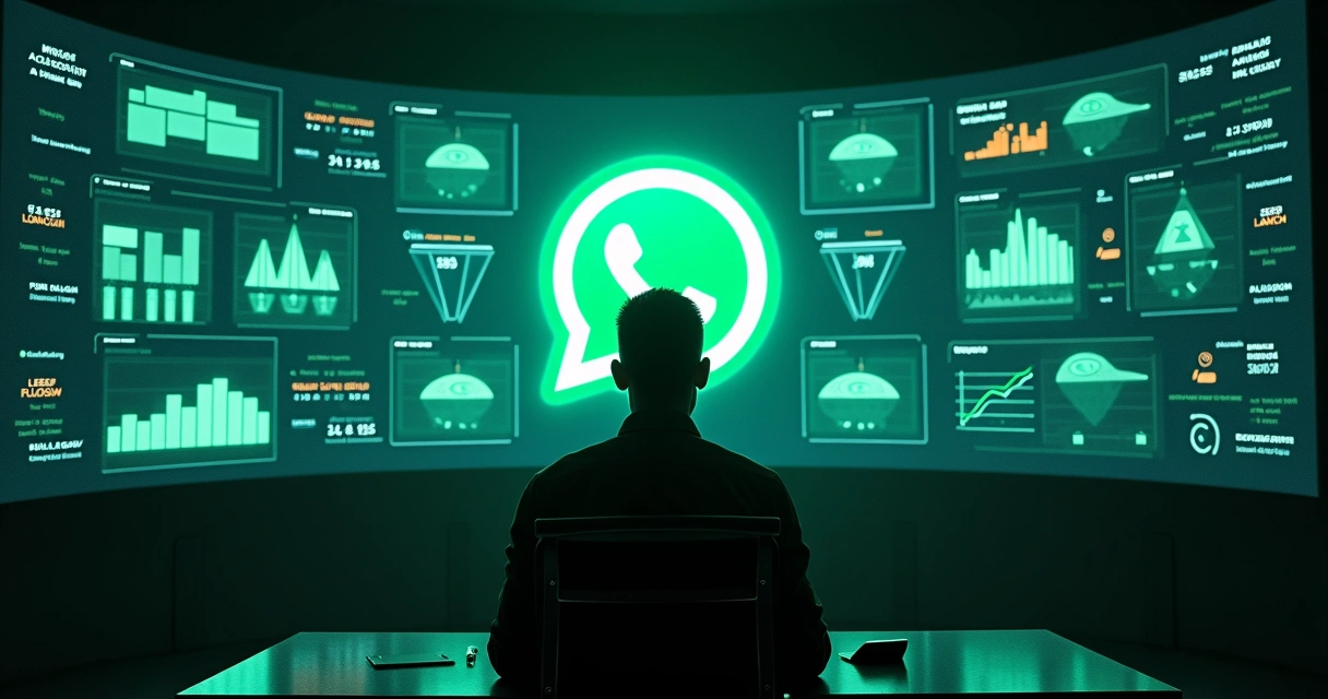 Gestor de lançamento digital analisando estratégia de vendas pelo WhatsApp em sala escura 
