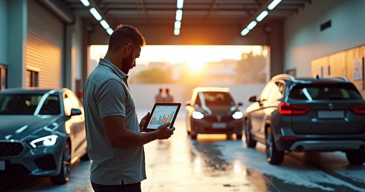 Gestor de lavagem automotiva premium com tablet em frente a baias ocupadas 