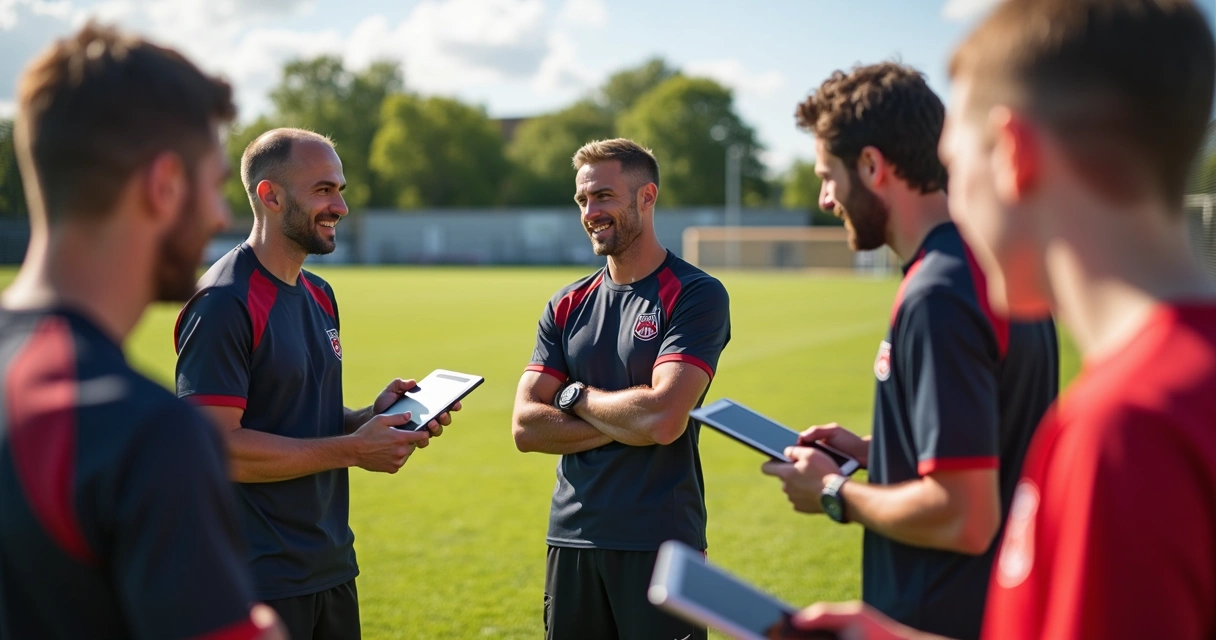 Gestor interagindo com equipe de treinadores em campo