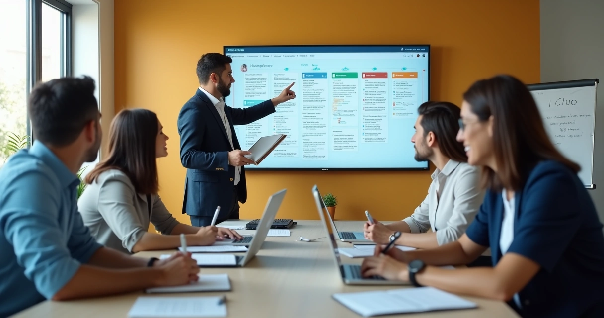 Gestor lidera reuniao de pipeline semanal com equipe em frente a quadro kanban digital 